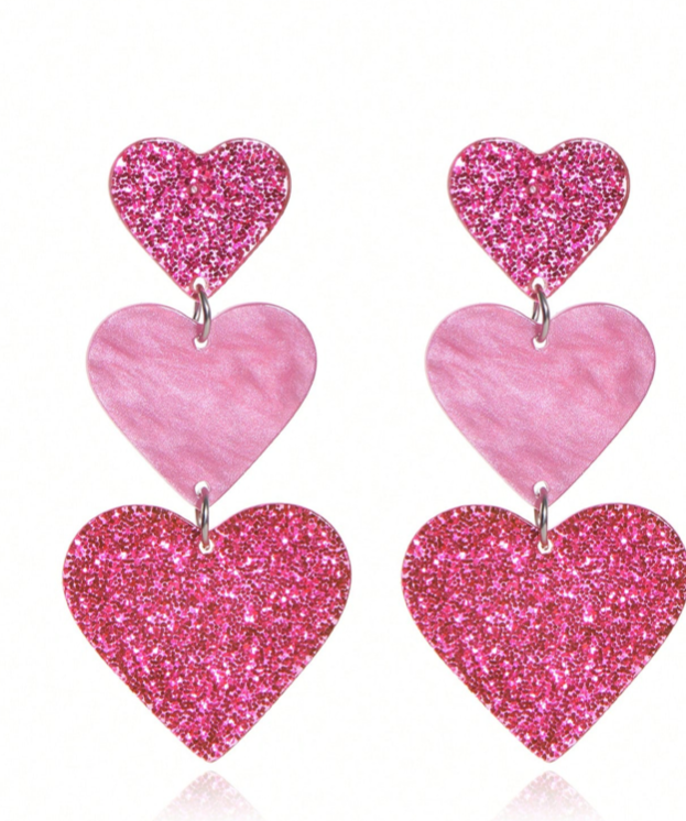 "Be My Valentine" Hot Pink Glittery Heart Acrylic Earrings