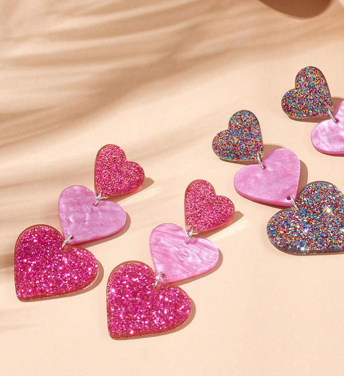 "Be My Valentine" Hot Pink Glittery Heart Acrylic Earrings