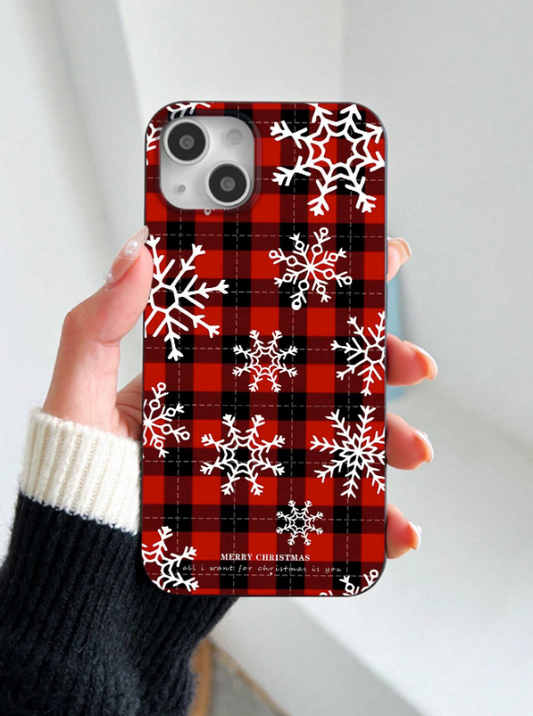 iPhone 14 / 15 Pro Max Soft Case Red Plaid SnowFlakes Christmas
