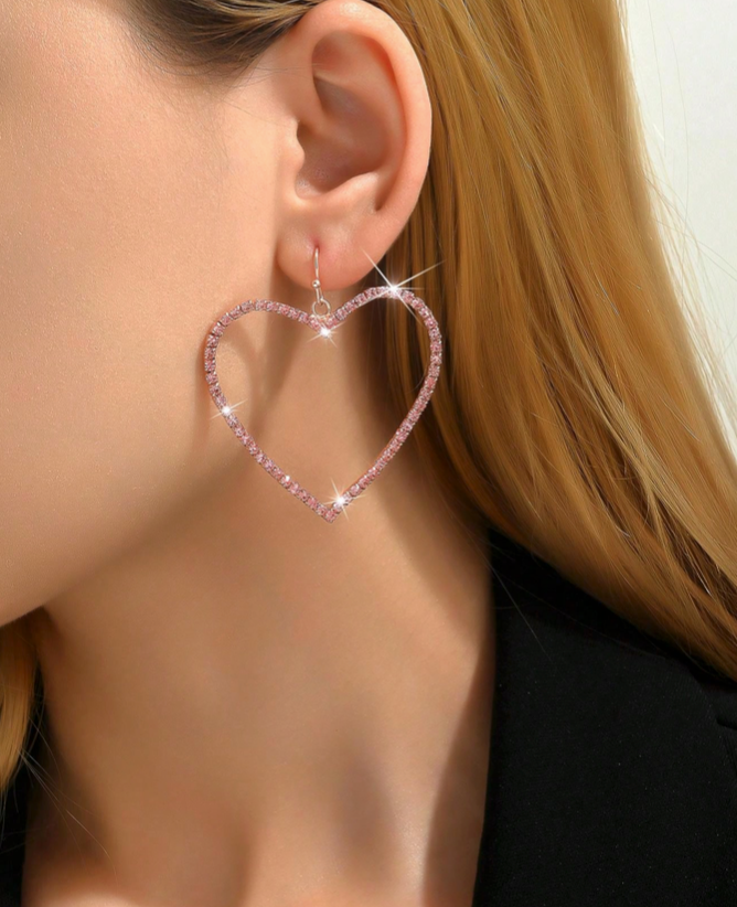 Women Valentine Day Large Bling Heart Shape Earrings Pink Rhinestones