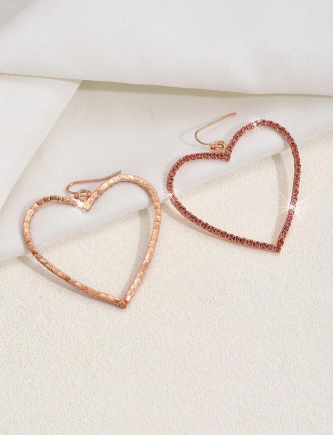 Women Valentine Day Large Bling Heart Shape Earrings Pink Rhinestones