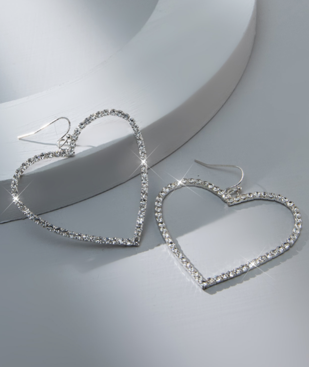 Women Valentine Day Large Bling Heart Shape Earrings White Rhinestones