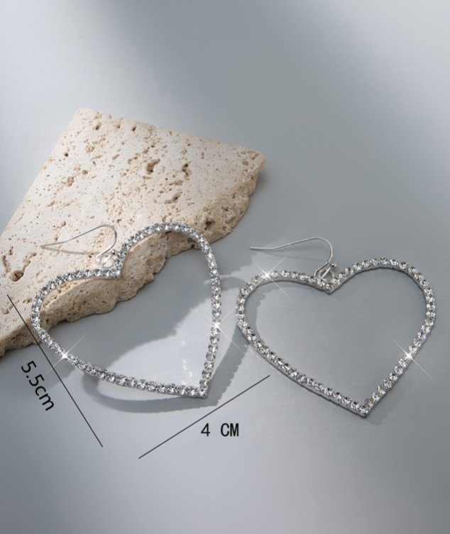 Women Valentine Day Large Bling Heart Shape Earrings White Rhinestones