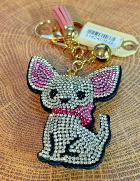 Crystal Chihuahua Multicolored Rhinestone Dog Key Chain Pink Tassel