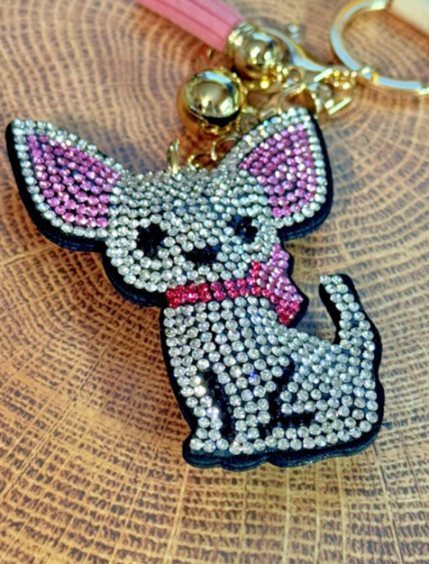 Crystal Chihuahua Multicolored Rhinestone Dog Key Chain Pink Tassel