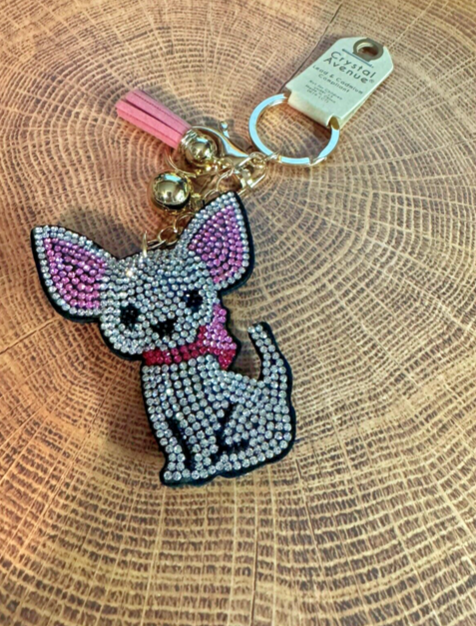 Crystal Chihuahua Multicolored Rhinestone Dog Key Chain Pink Tassel