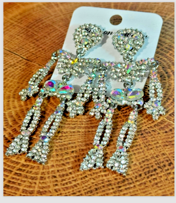 Halloween Skeleton Iridescent White Crystal Rhinestones Earrings