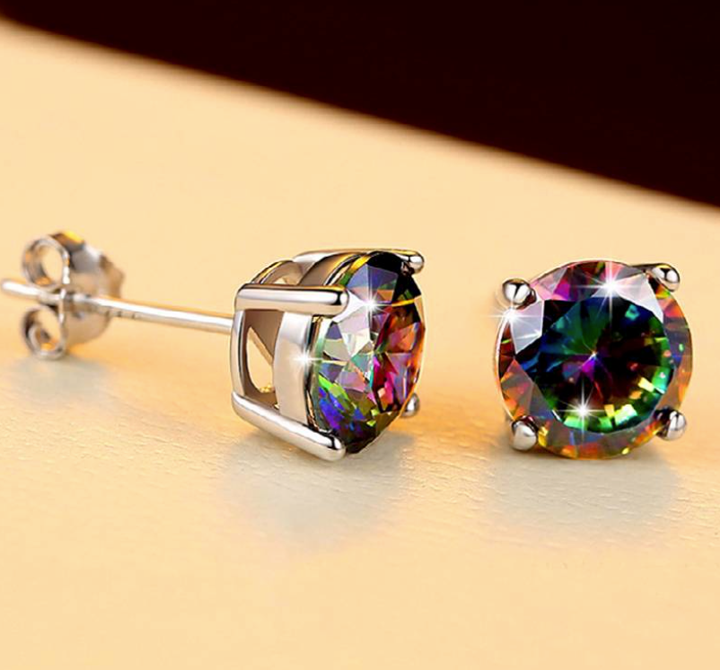 Round Mystic Topaz Gemstone Rainbow Oil Spill Stainless Steel Post Back Earrings