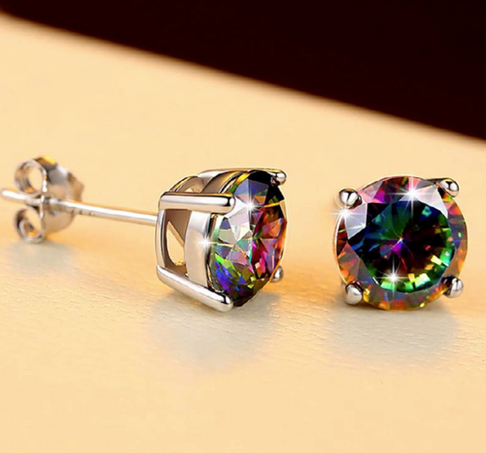 Round Mystic Topaz Gemstone Rainbow Oil Spill Stainless Steel Post Back  Earrings