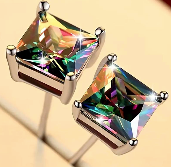 Square Cut Mystic Topaz Gemstone Rainbow Oil Spill Stainless Steel Post Back Earrings