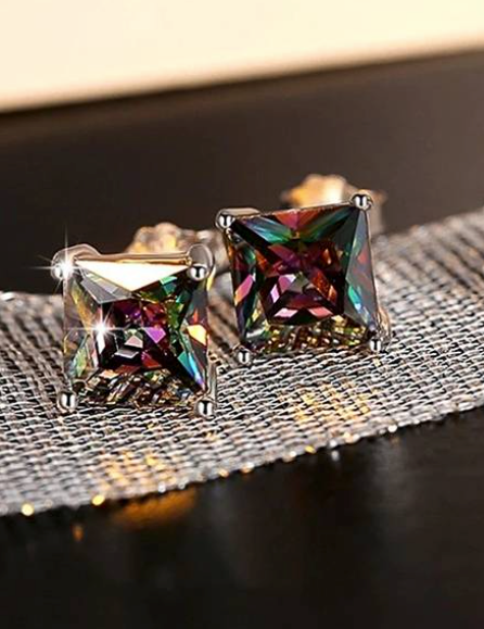 Square Cut Mystic Topaz Gemstone Rainbow Oil Spill Stainless Steel Post Back  Earrings