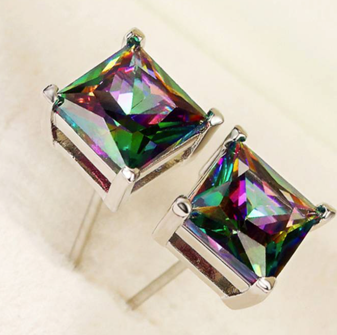 Square Cut Mystic Topaz Gemstone Rainbow Oil Spill Stainless Steel Post Back Earrings