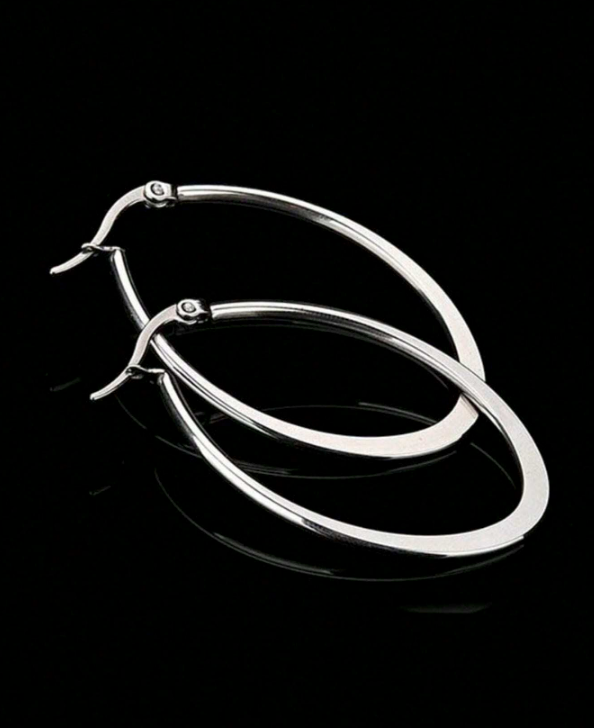 Earrings Silver Stainless Steel Hoop Oblong