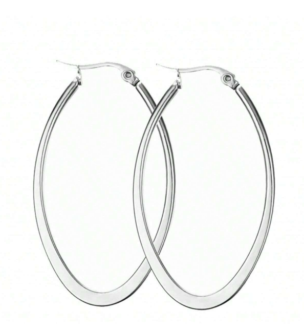 Earrings Silver Stainless Steel Hoop Oblong