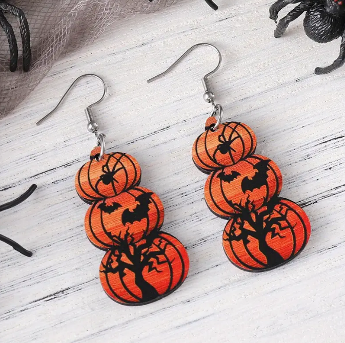 Halloween Pumpkin Spider Tree Wood Earrings
