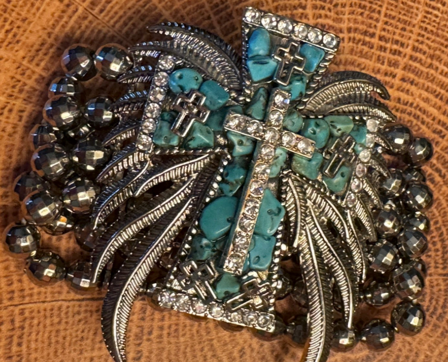 Angel Wings Cross Blue Turquoise Crackle Stone Stretchy  Bracelet
