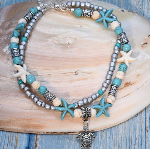 Beach Starfish Turtle Charm Beaded Ankle Bracelet