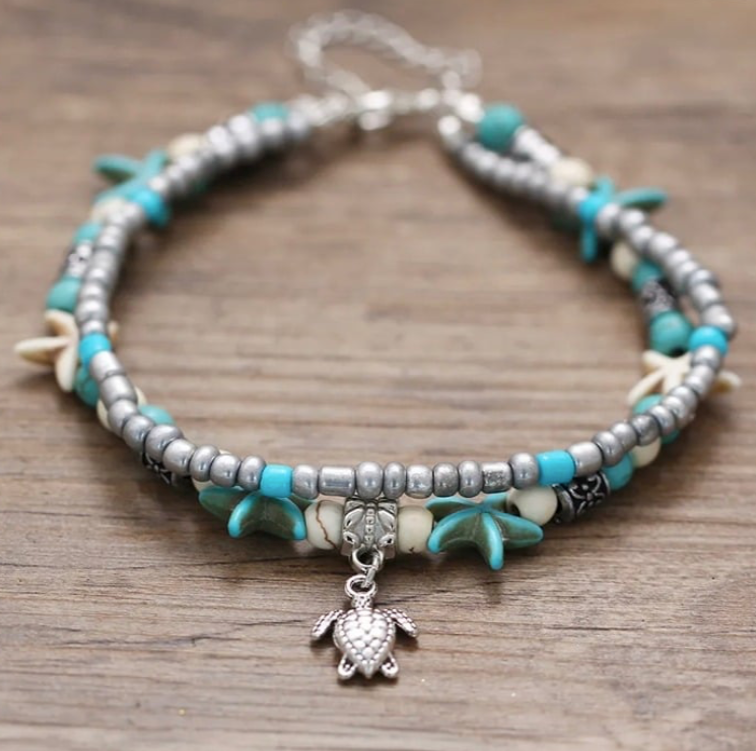 Beach Starfish Turtle Charm Beaded Ankle Bracelet