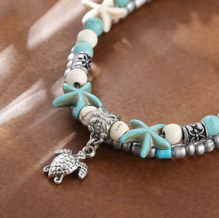Beach Starfish Turtle Charm Beaded Ankle Bracelet