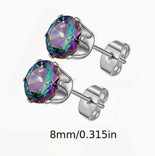 Round Mystic Topaz Cubic Zirconia Rainbow Oil Spill Stainless Steel Post Back  Earrings  8mm