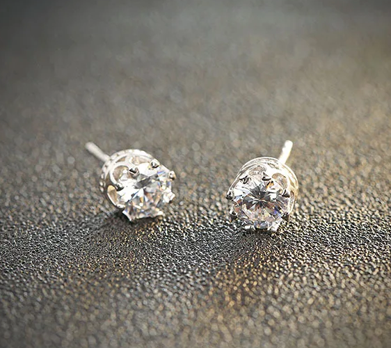 Crown Club Cubic Zirconia Post Back Stud Sterling Silver Earrings