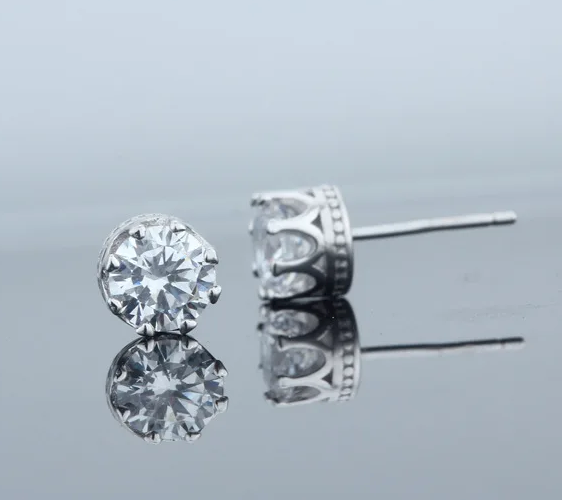 Crown Club Cubic Zirconia Post Back Stud Sterling Silver Earrings
