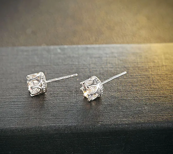 Crown Club Cubic Zirconia Post Back Stud Sterling Silver Earrings