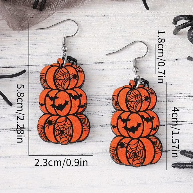 Halloween Bat Pumpkin Spider Wood Earrings