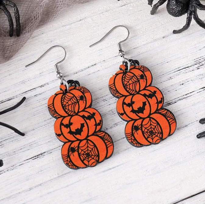 Halloween Bat Pumpkin Spider Wood Earrings