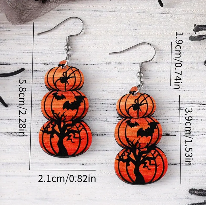 Halloween Pumpkin Spider Tree Wood Earrings