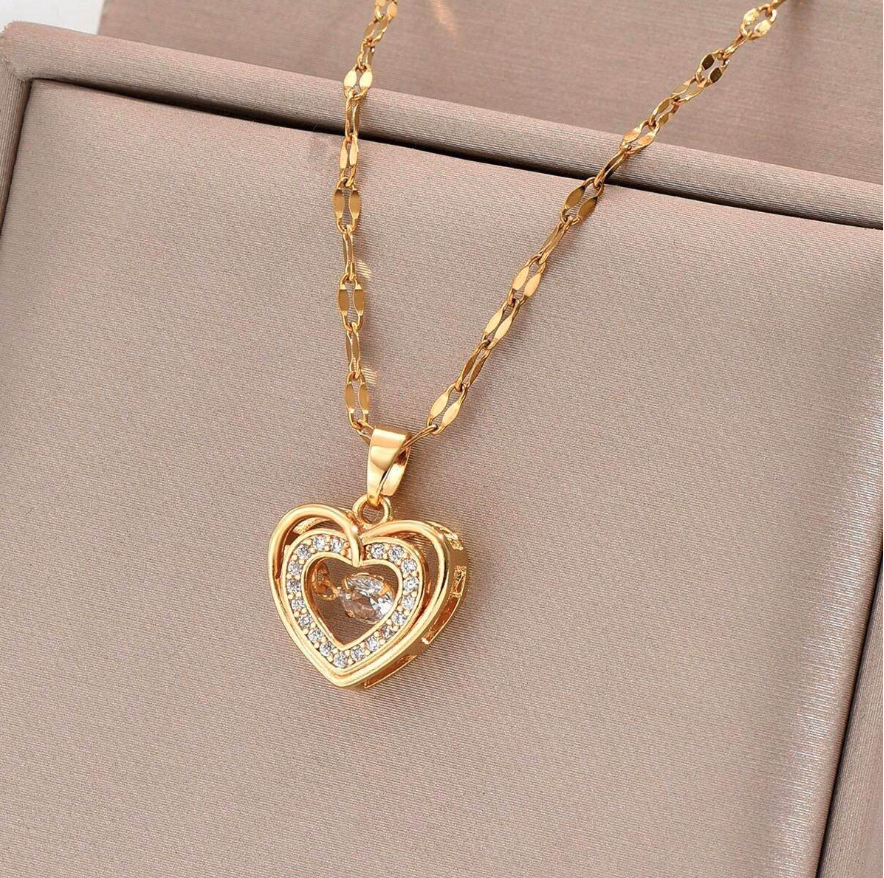 Double Heart True Love with moving Cubic Zirconia 14K Gold Stainless Steel Necklace