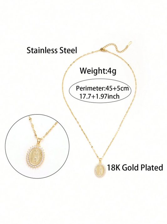 Virgin Mary Classy Cubic Zirconia 18K Yellow Gold Stainless Steel  Necklace