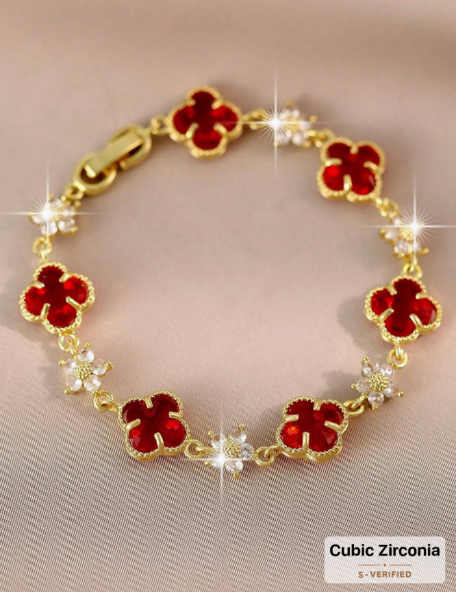 Lucky ~ 4 Leaf Clover Cubic Zirconia Red Bracelet