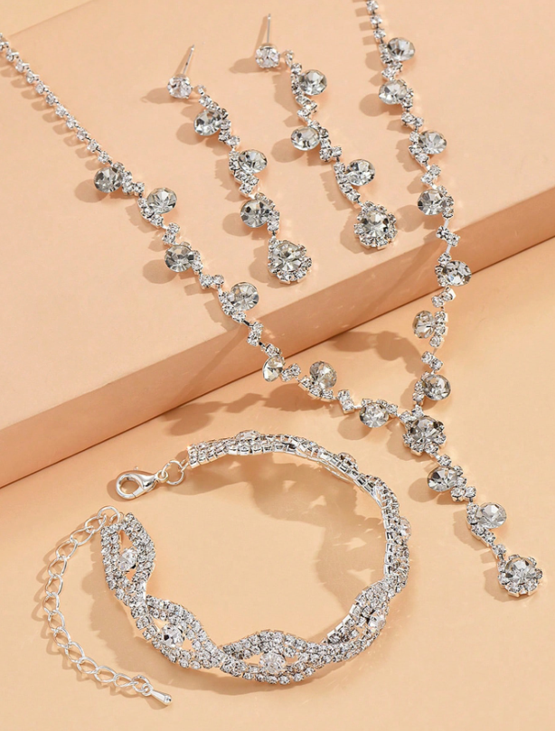 Water Droplet Necklace Earring and Bracelet White on silver Jewelry Set