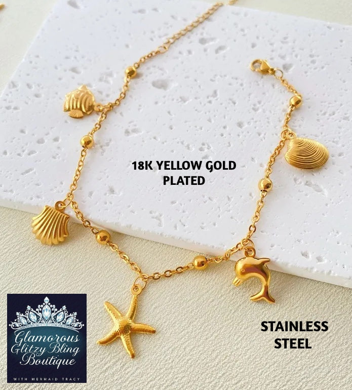 "Mermaid Sea Life" 18K Yellow Gold Stainless Steel Ankle Bracelet