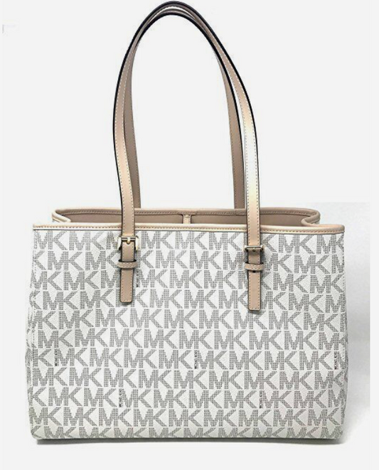 MICHAEL KORS JET SET TRAVEL VANILLA PVC LARGE EW TOTE, SHOULDER BAG, GOLD