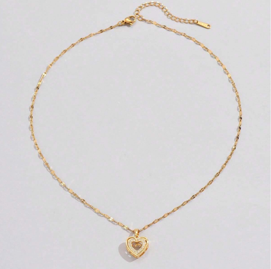 Double Heart True Love with moving Cubic Zirconia 14K Gold Stainless Steel Necklace