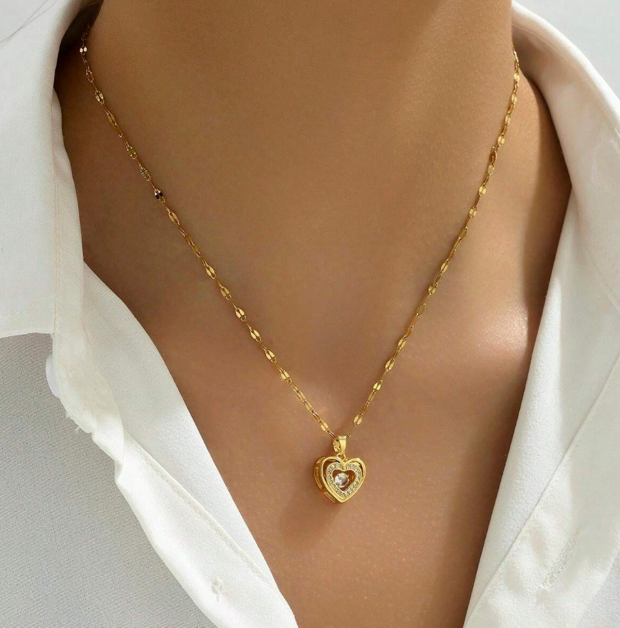 Double Heart True Love with moving Cubic Zirconia 14K Gold Stainless Steel Necklace