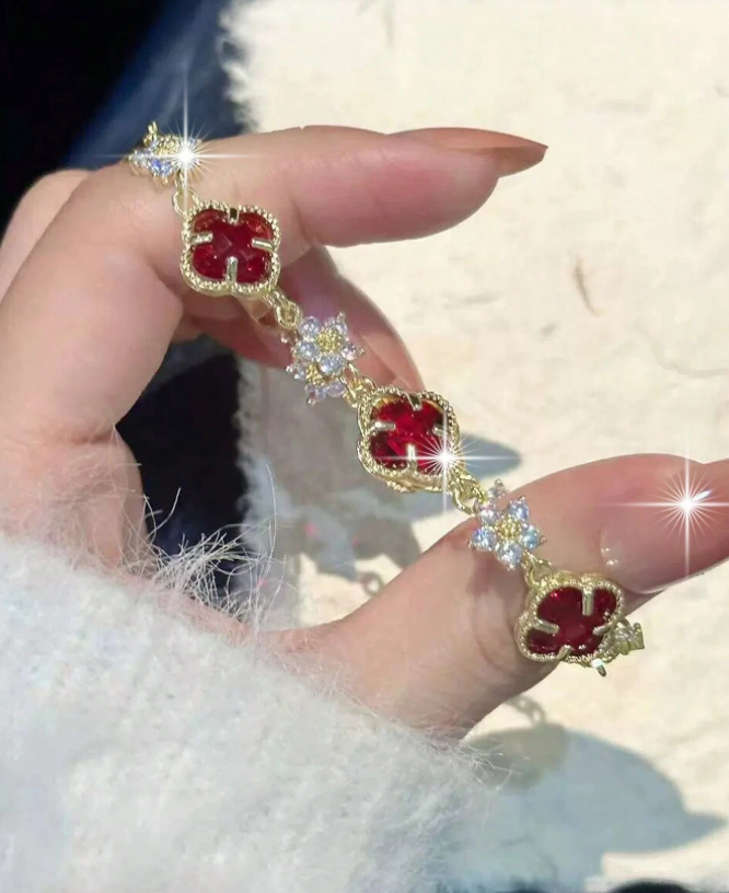 Lucky ~ 4 Leaf Clover Cubic Zirconia Red Bracelet