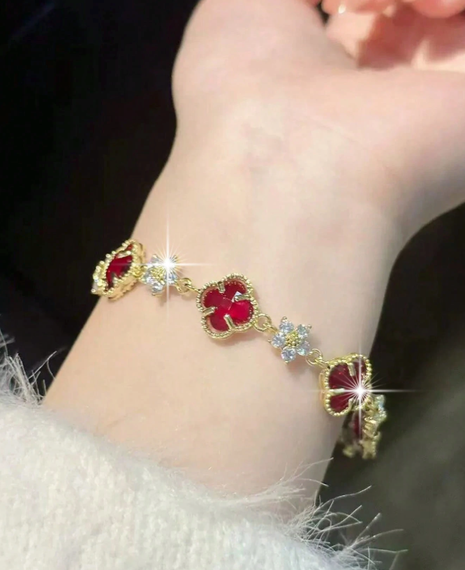 Lucky ~ 4 Leaf Clover Cubic Zirconia Red Bracelet