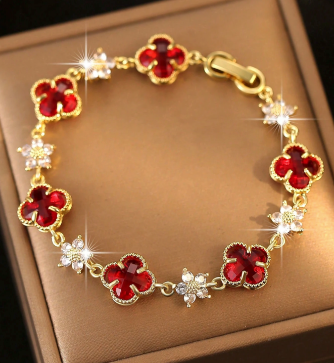 Lucky ~ 4 Leaf Clover Cubic Zirconia Red Bracelet