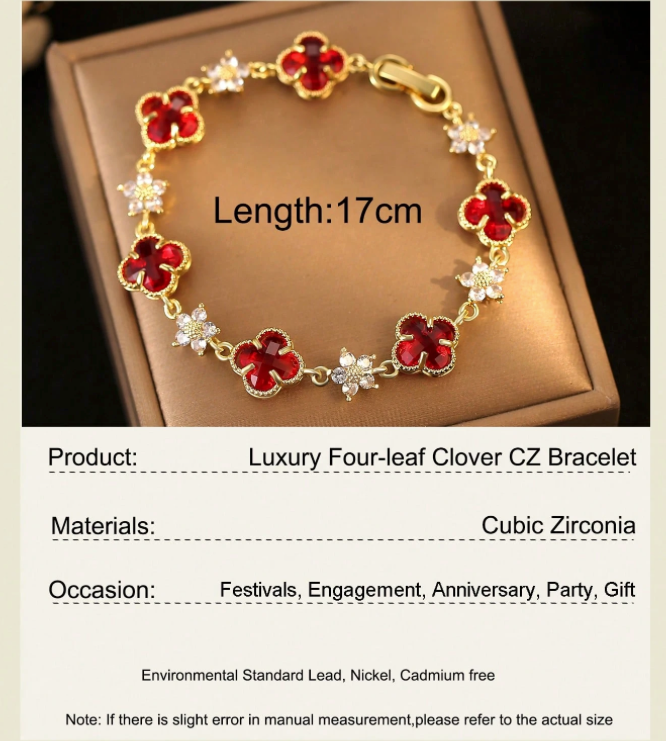 Lucky ~ 4 Leaf Clover Cubic Zirconia Red Bracelet