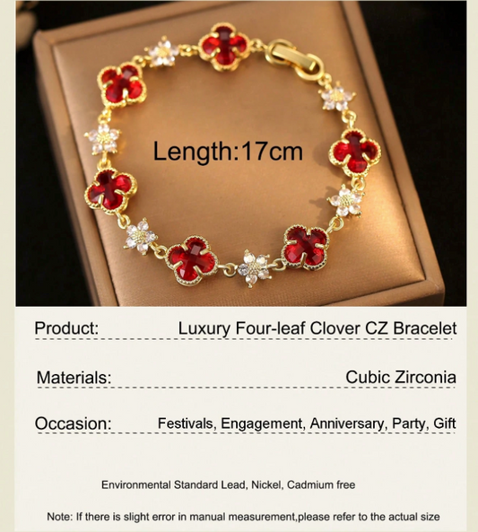 Lucky ~ 4 Leaf Clover Cubic Zirconia Red Bracelet