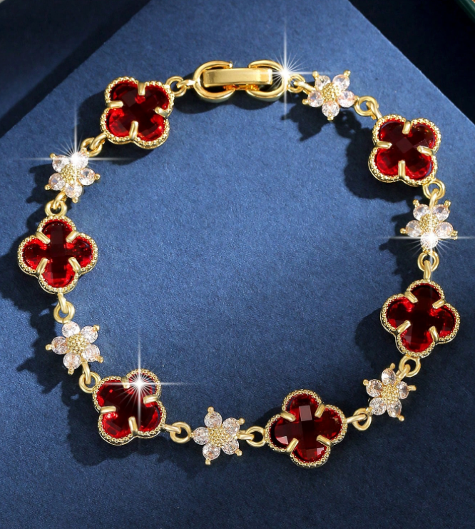 Lucky ~ 4 Leaf Clover Cubic Zirconia Red Bracelet