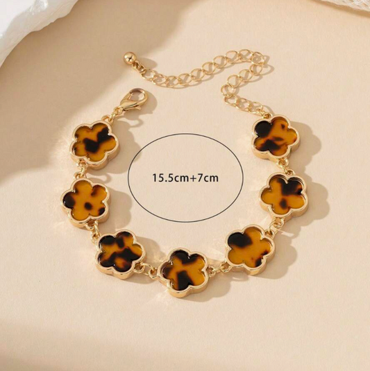 Lucky ~ 4 Leaf Clover Bracelet in Brown Leopard Print    (  Pre Order  )