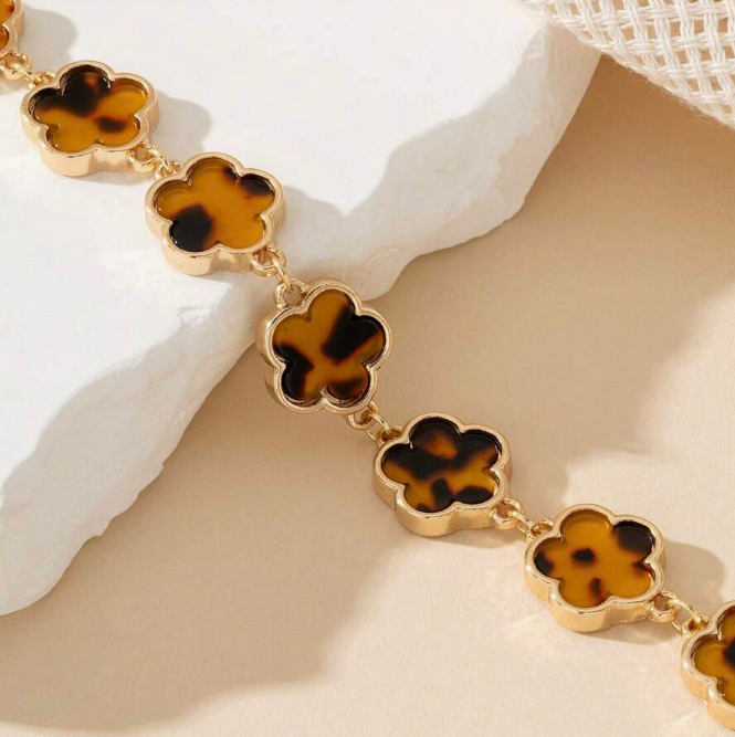 Lucky ~ 4 Leaf Clover Bracelet in Brown Leopard Print ( Pre Order )