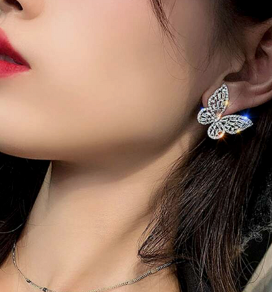 Butterfly Cubic Zirconia  925 Sterling Silver Post Back Earrings