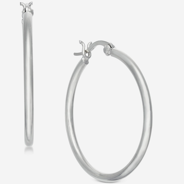 Essentials 14K Polished Hoop Medium Silver Plated Earrings