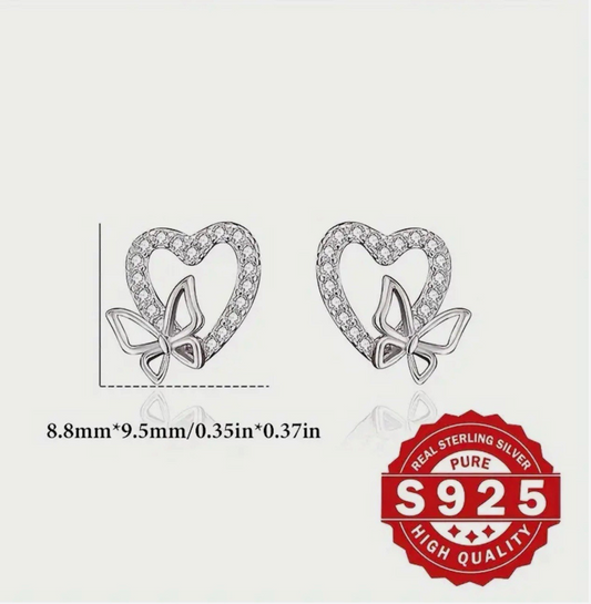 PURE 925 Sterling Silver Cubic Zirconia Heart Butterfly Stud Post Earrings + Bag