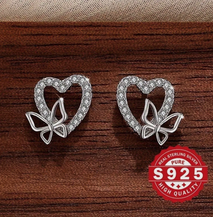 PURE 925 Sterling Silver Cubic Zirconia Heart Butterfly Stud Post Earrings + Bag